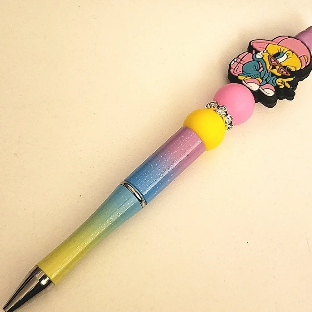 Handmade Glitter Rainbow Cool Tweety Bird Beaded Silicone Focal Bead Pen